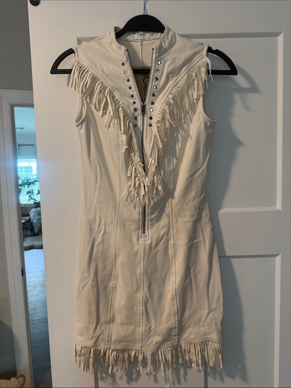 Sleeveless Cream Fringe Mini Dress with Zip Front